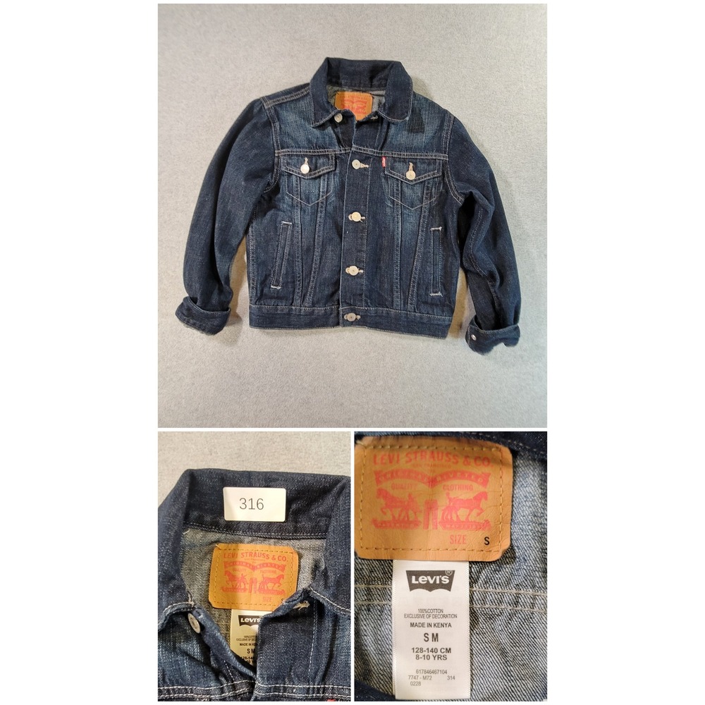Levis Trucker Jacket Dark Wash Denim Button Up Blue Jeans Coat Small 7747-M72‎